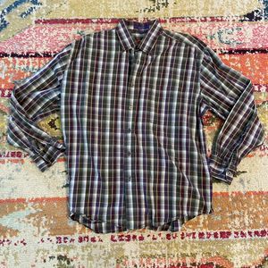 Alan Flusser Shirt Long Sleeve Button Down Purple & Green Plaid Size L